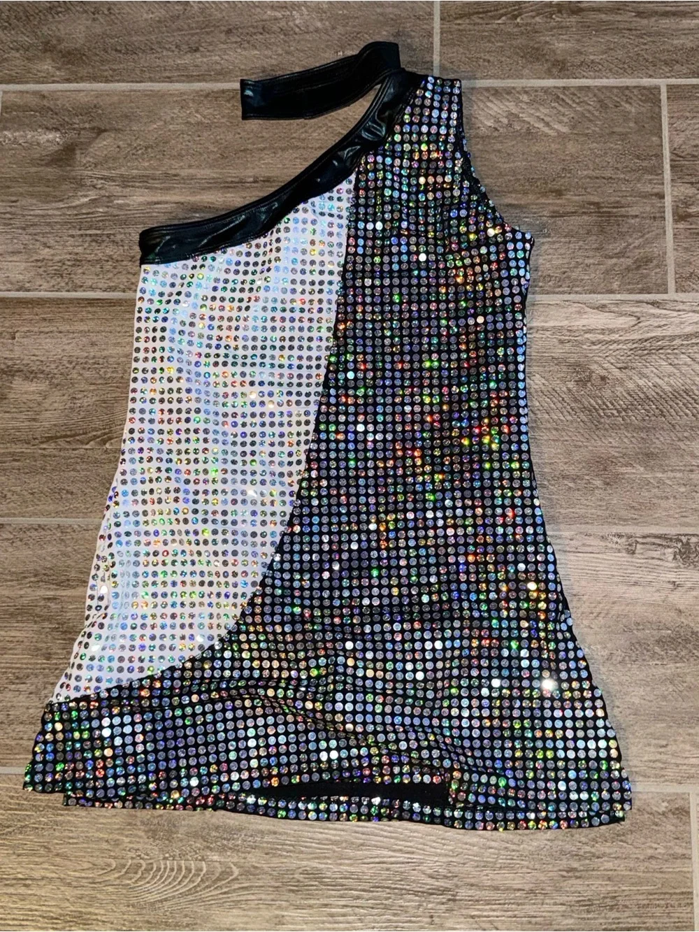 Girls One-Shoulder Sequin Holographic Black & White Dance Costume